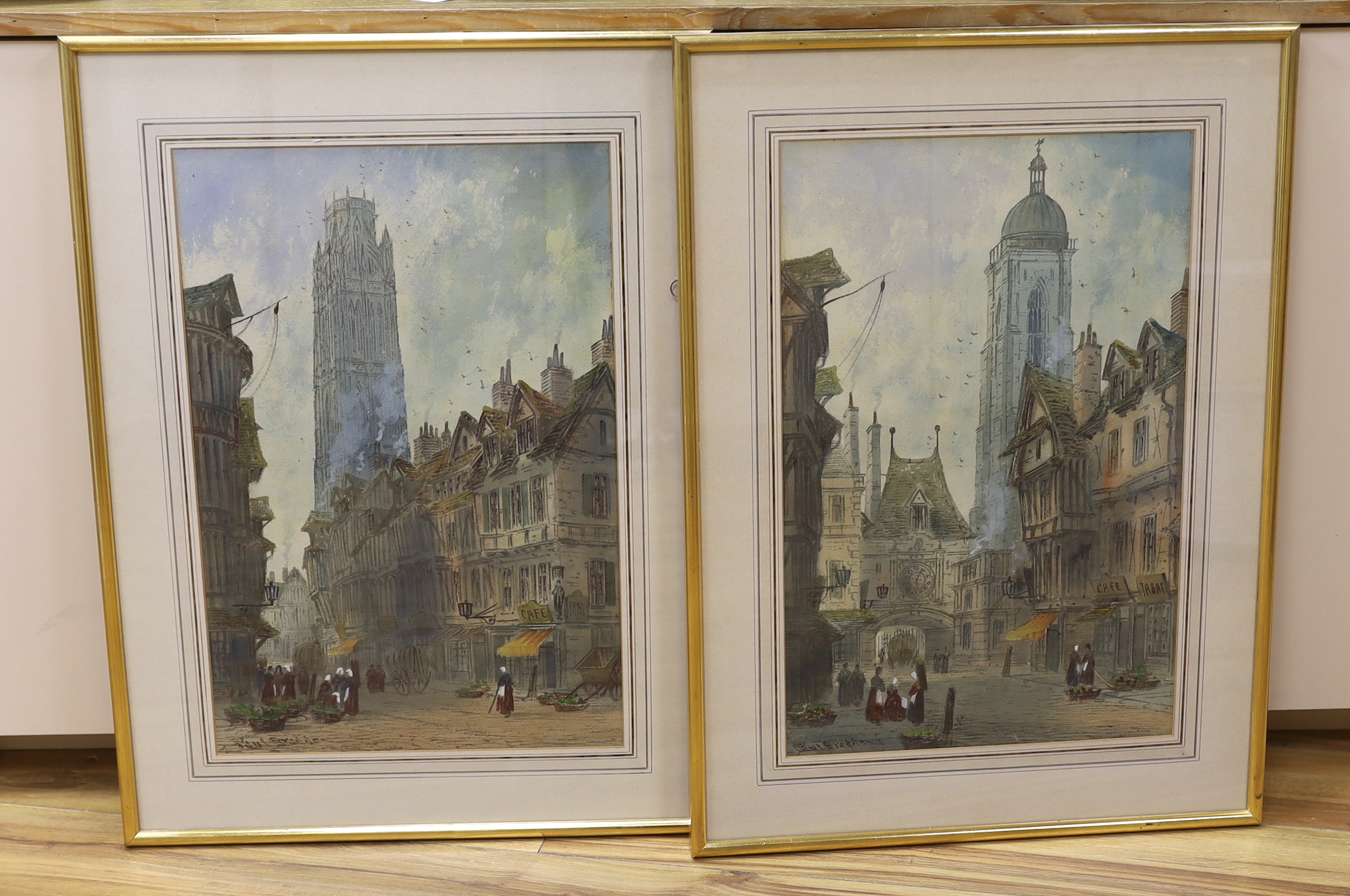 Paul Braddon (British, 1864-1938), pair of watercolours, 'Rouen Square' and 'The Church of St. Martin in Landshut', each signed, 55 x 36cm